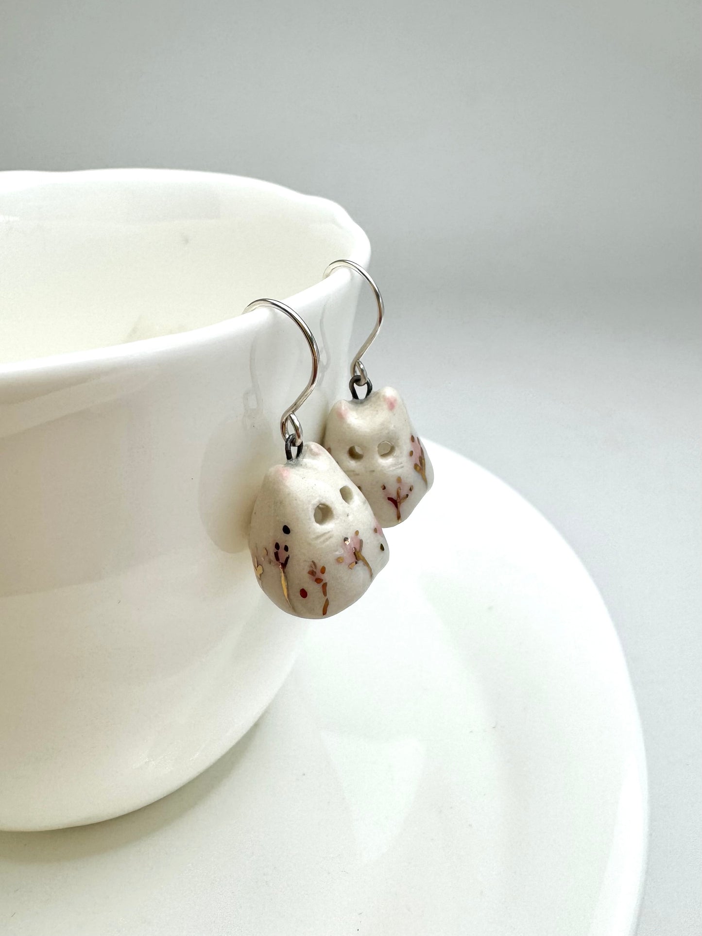 Pink Flower Ghost Cat Earrings