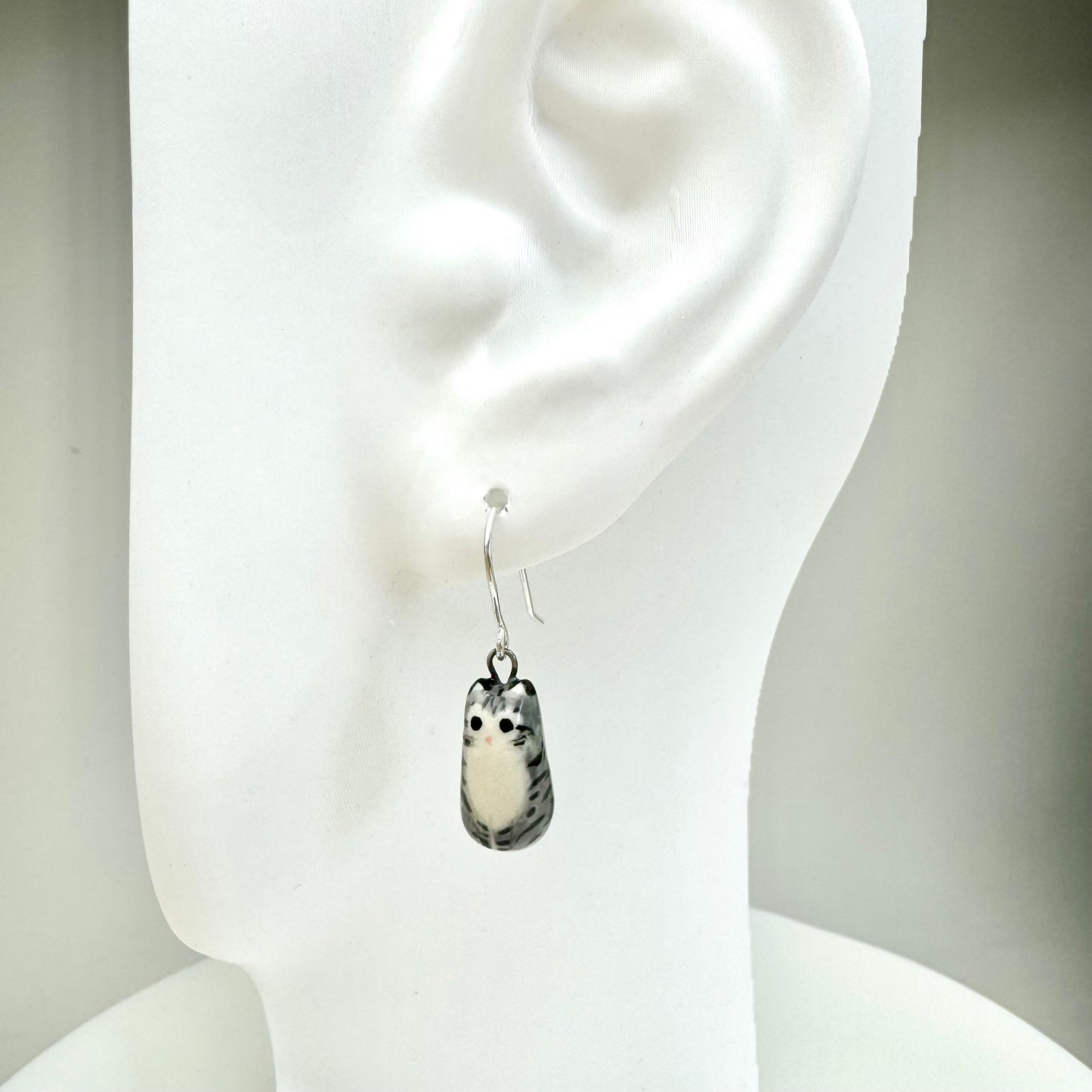 Long Gray Tabby Cat Dangle Earrings