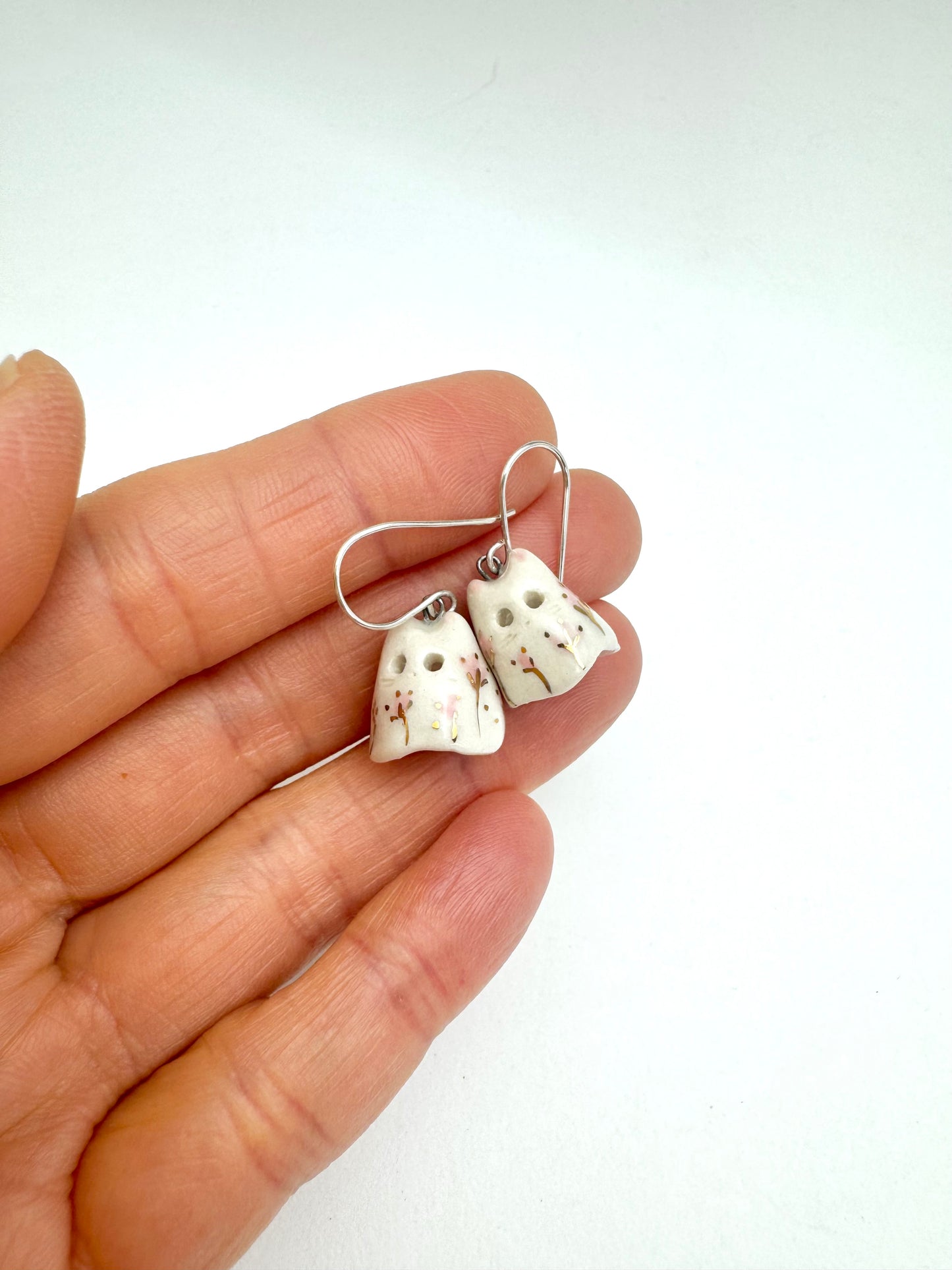 Pink Flower Ghost Cat Earrings