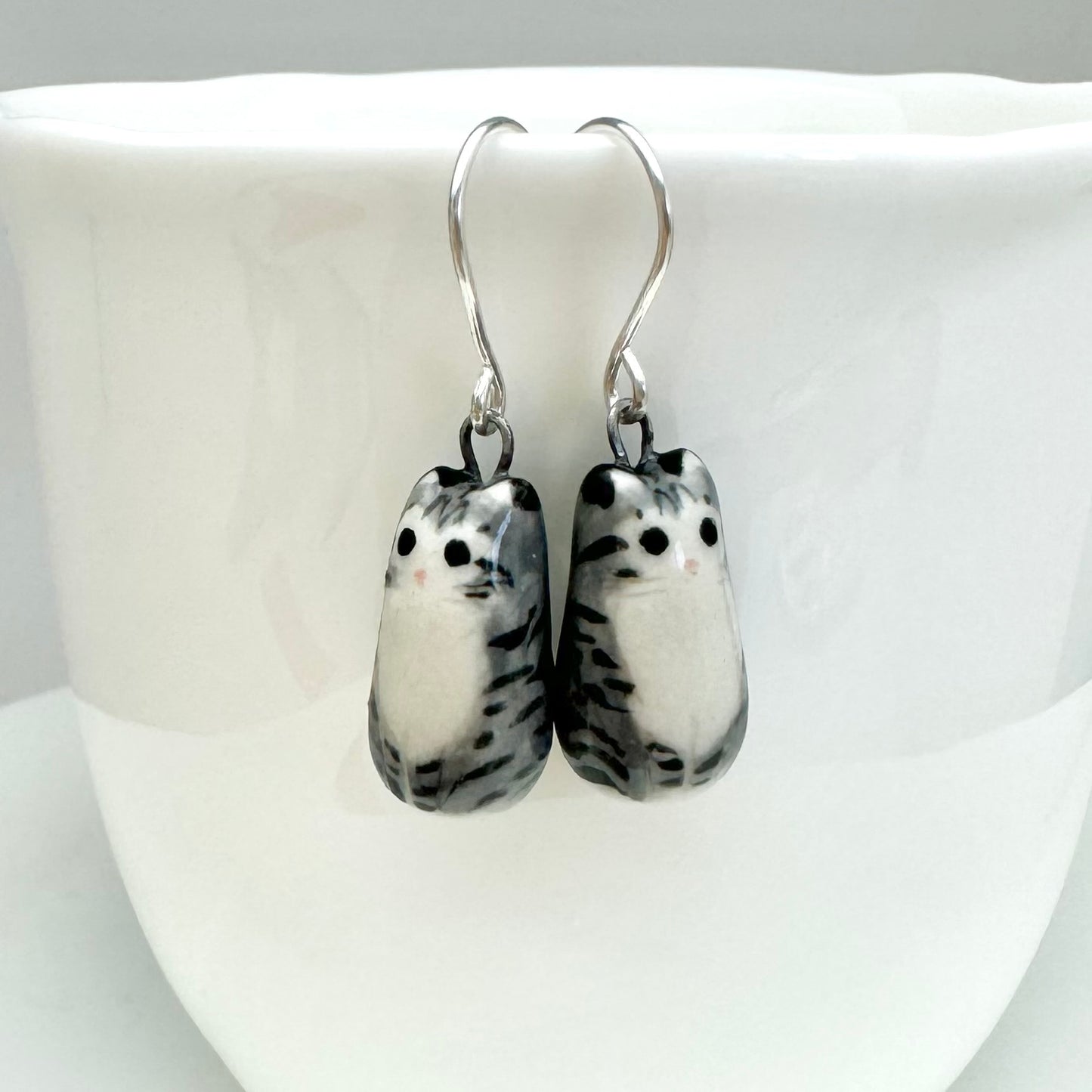 Long Gray Tabby Cat Dangle Earrings