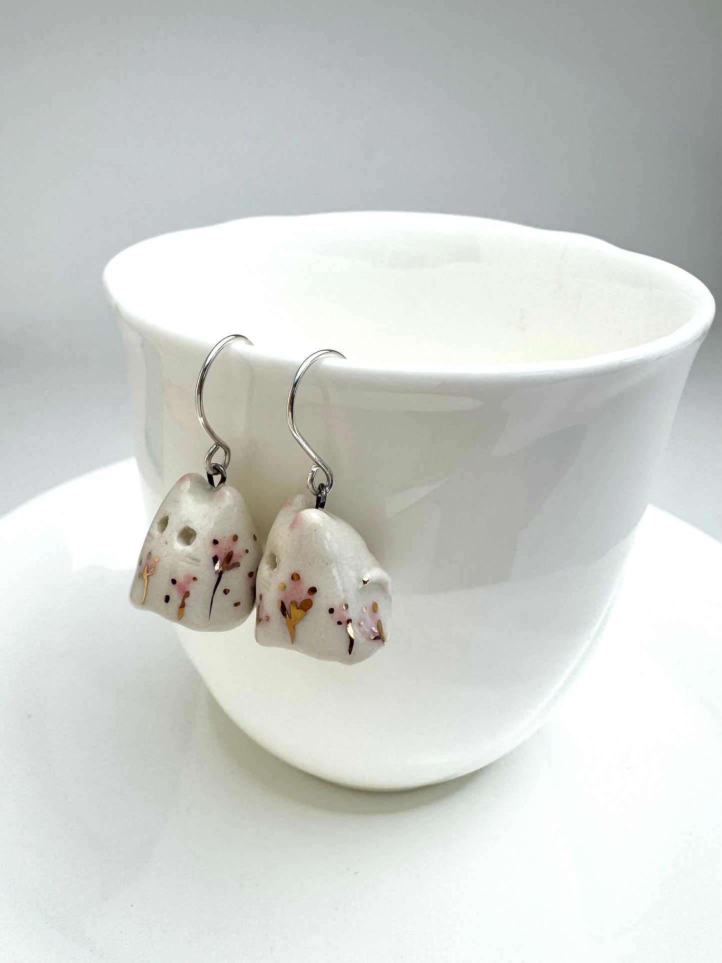 Pink Flower Ghost Cat Earrings