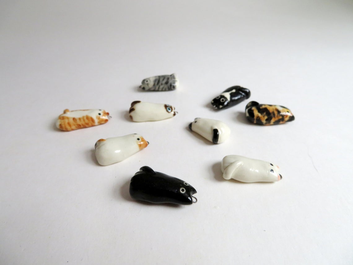 Cute Cat Necklace options: calico, black, gray tabby, siamese, orange tabby, tortoiseshell, white with black spots, tuxedo, and white