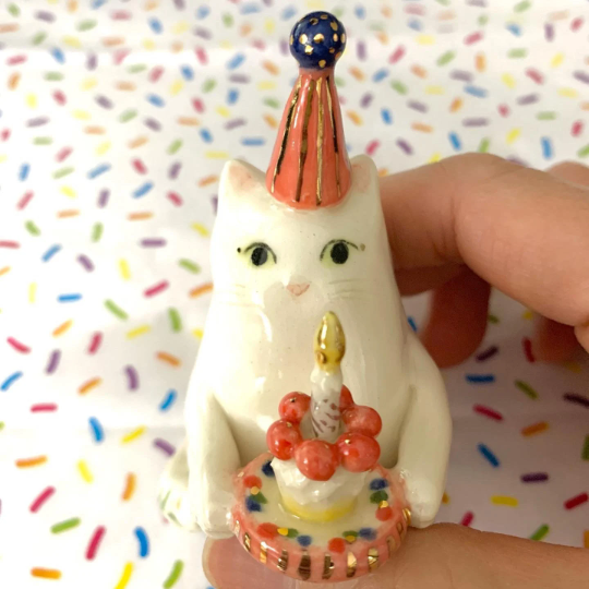 Birthday Cake Cat Figurine