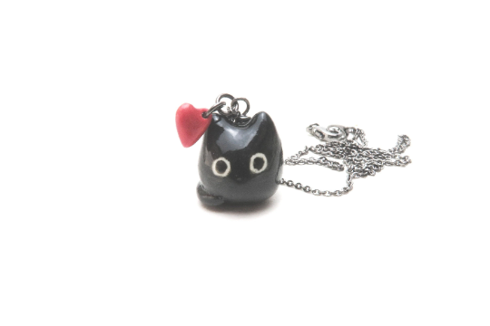 Black Cat Red Heart Necklace