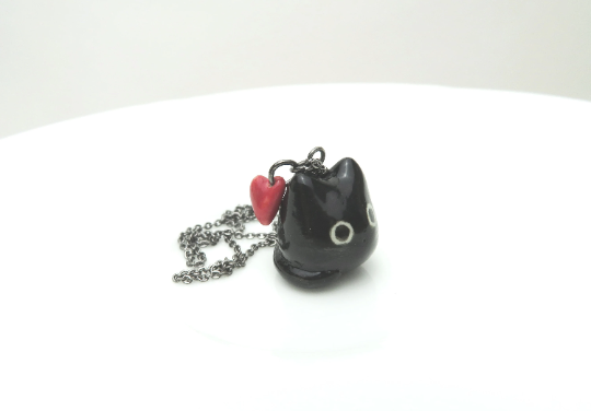 Black Cat Red Heart Necklace
