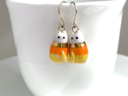 Candy Corn Cat Dangle Earrings