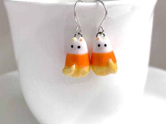Candy Corn Cat Dangle Earrings