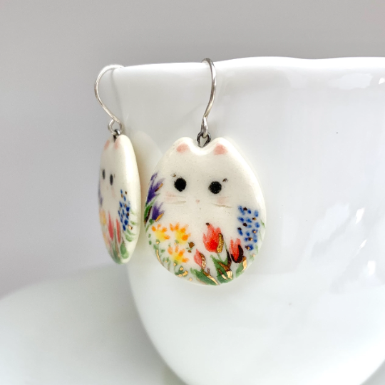 Flat Floral Cat Dangle Earrings