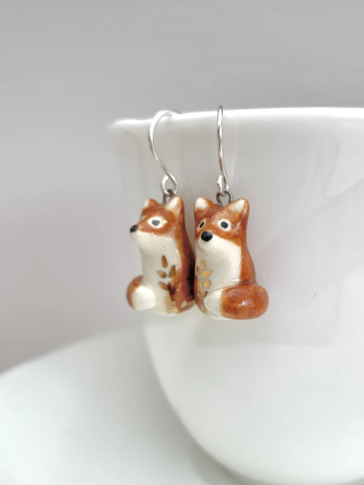 Golden Leaf Fox Dangle Earrings