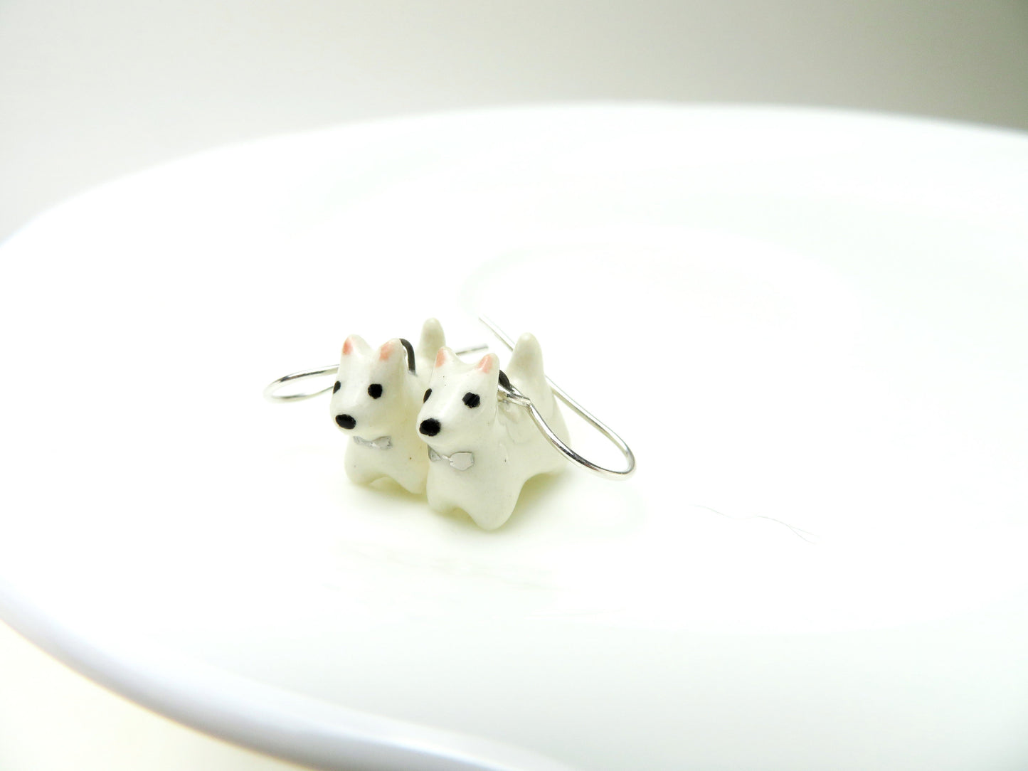 White Terrier Dangle Earrings