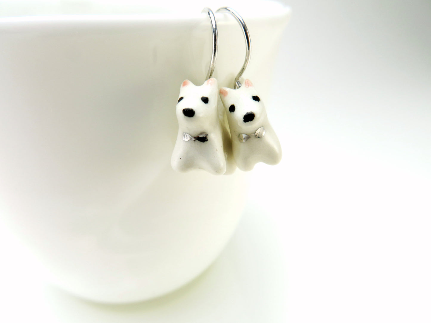 White Terrier Dangle Earrings