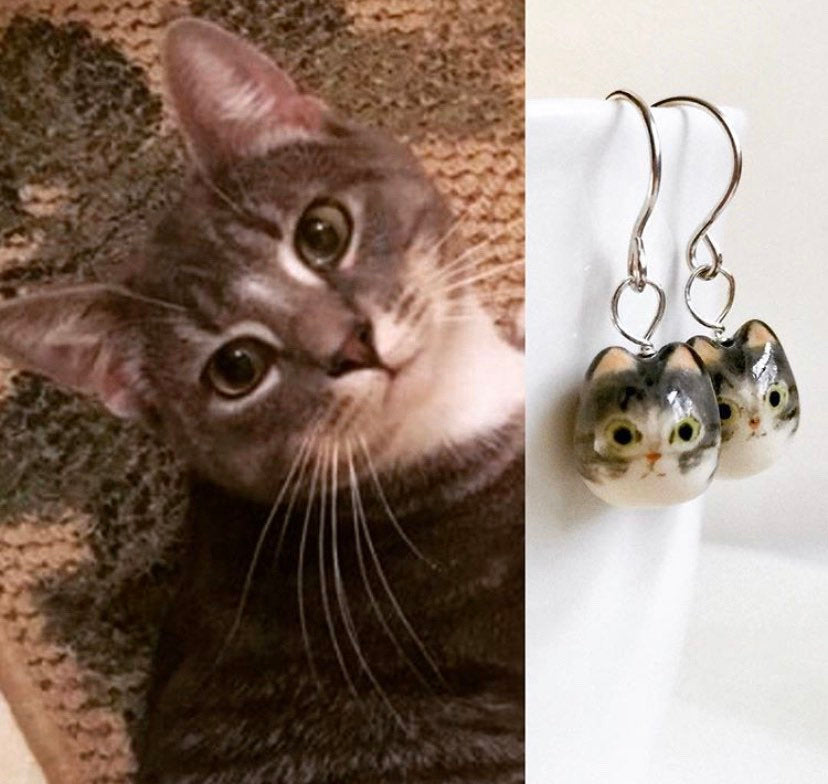 Gray Tabby Cat Dangle Earrings