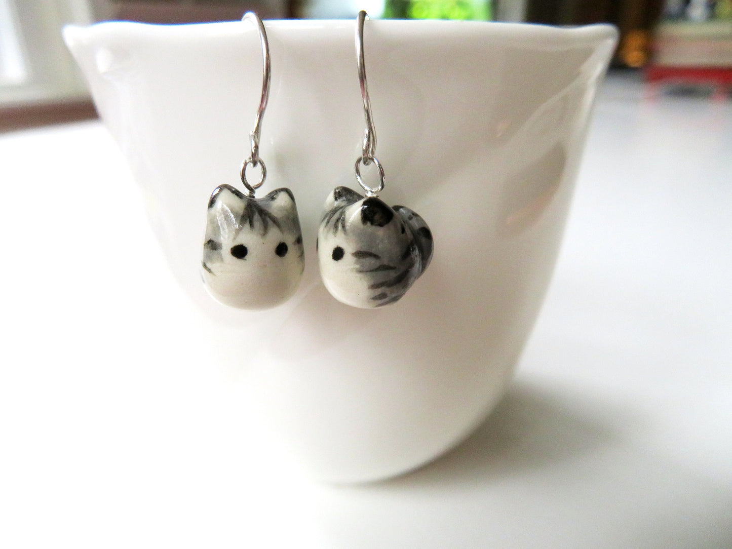 Gray Tabby Cat Dangle Earrings