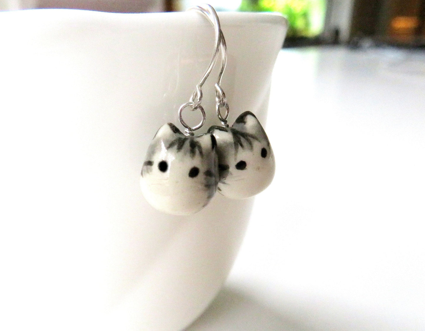 Gray Tabby Cat Dangle Earrings