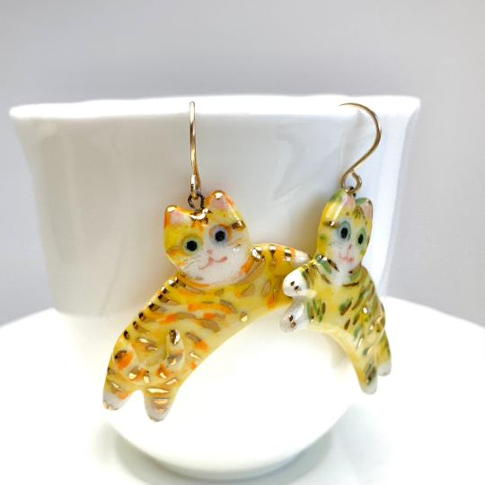 Whimsical Yellow Tabby Dangle Earrings