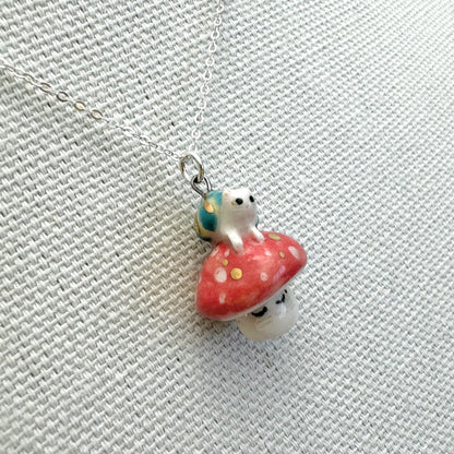 Snail Cat on Mushroom Necklace