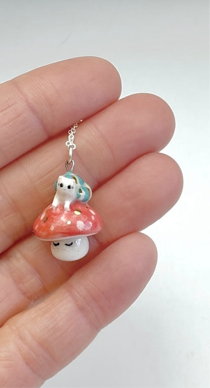 Snail Cat on Mushroom Necklace