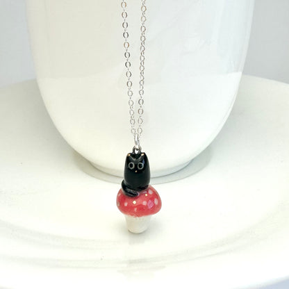 Black Cat Red Mushroom Necklace