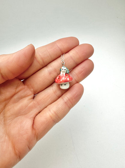 Snail Cat on Mushroom Necklace