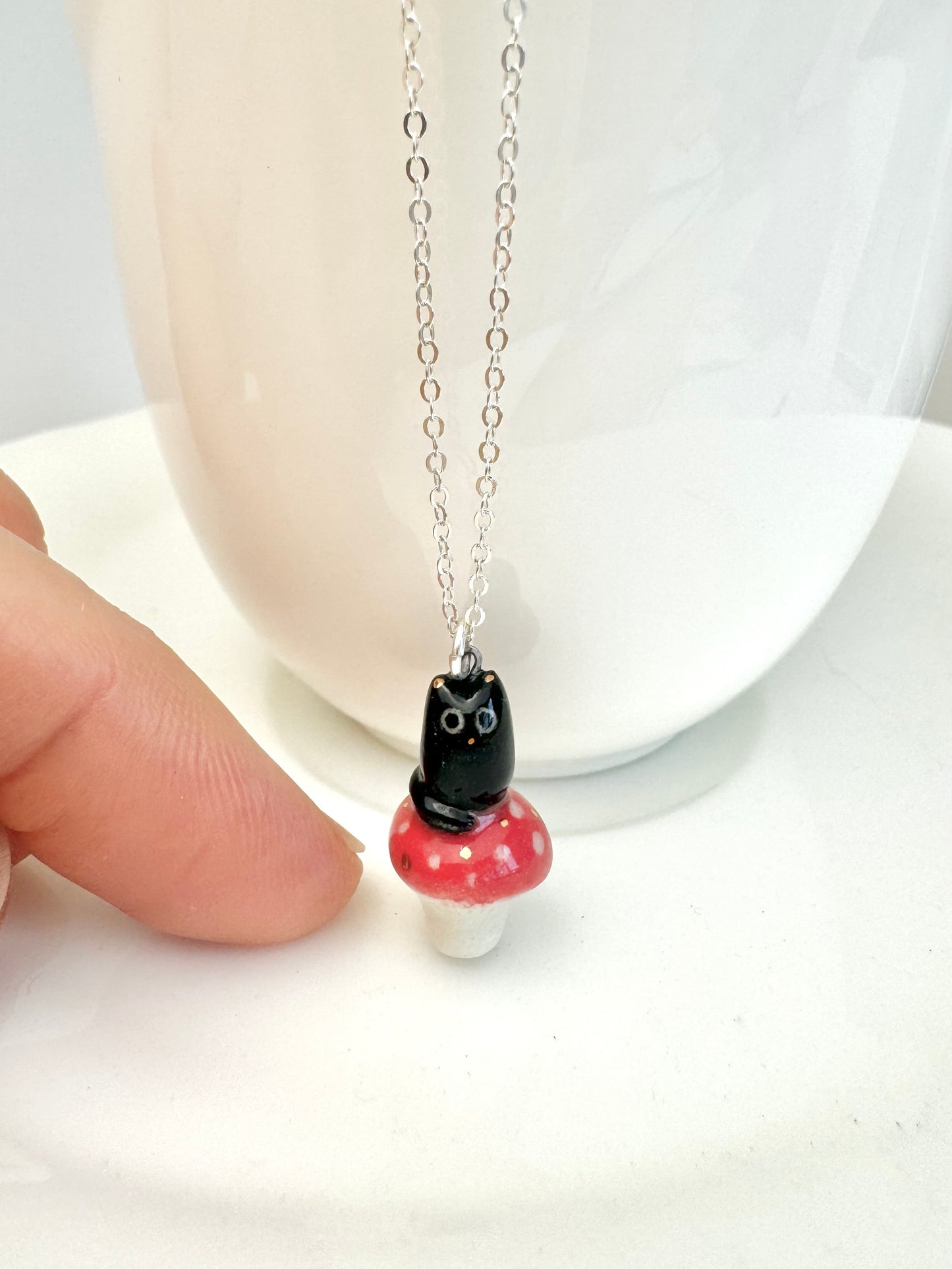 Black Cat Red Mushroom Necklace