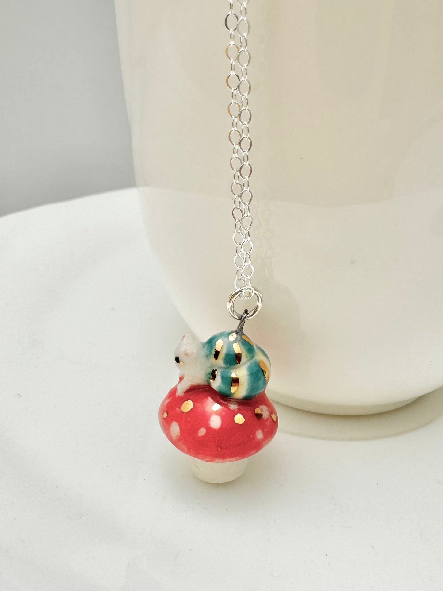 Snail Cat on Mushroom Necklace