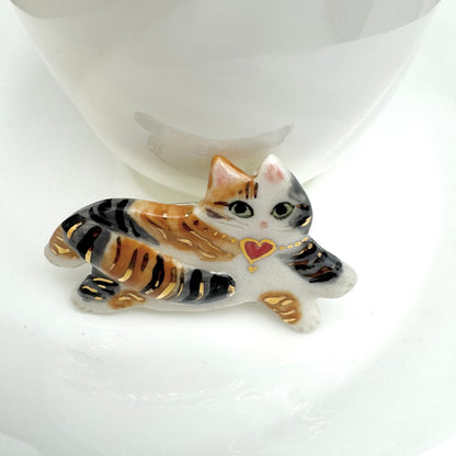 Fancy Porcelain Cat Pin Brooch