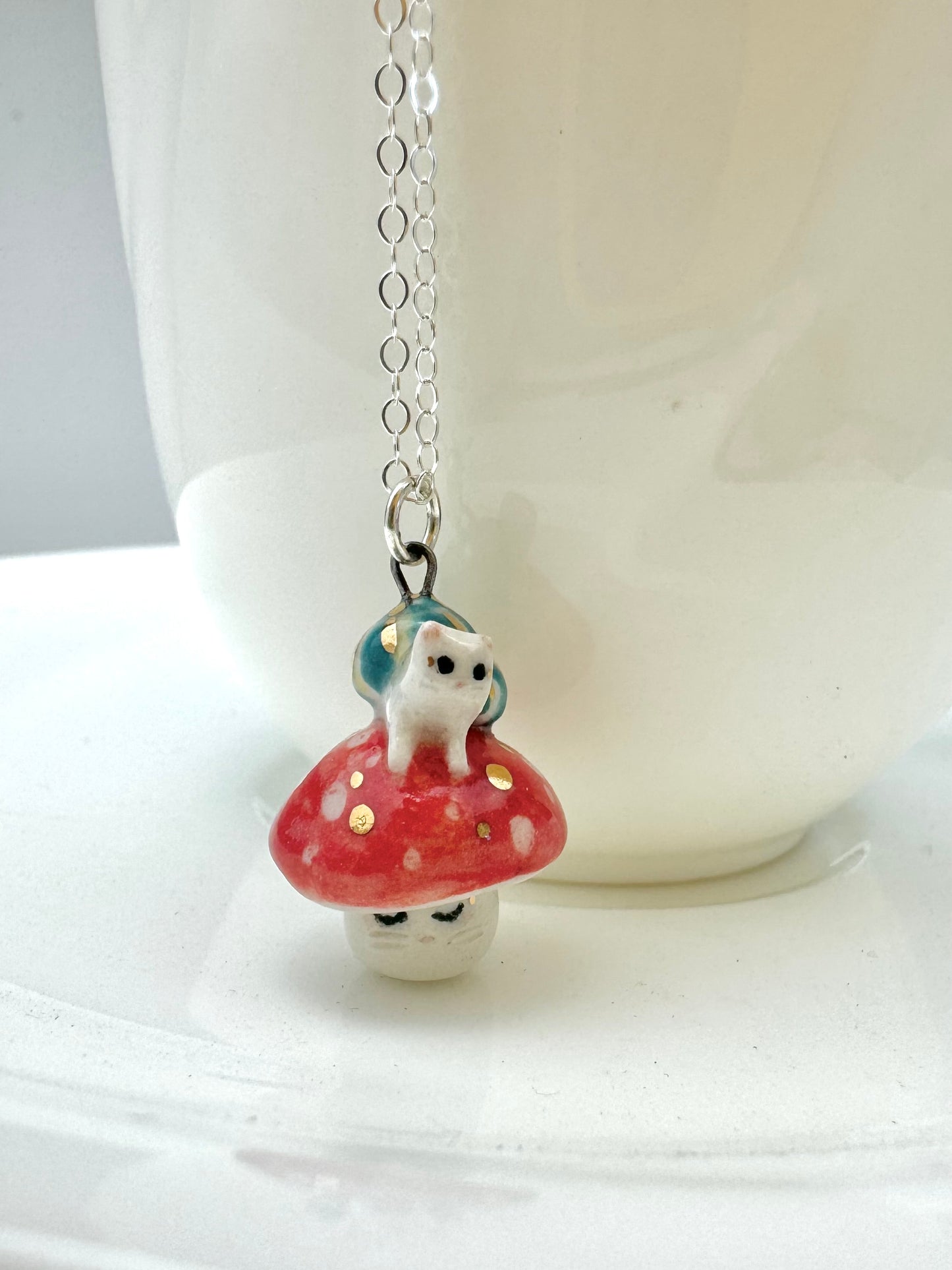 Snail Cat on Mushroom Necklace