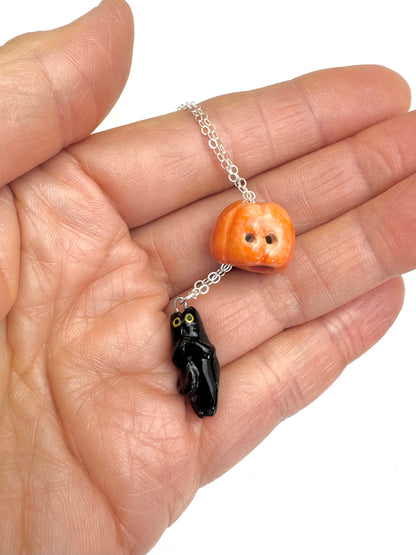 Peek-a-Boo Pumpkin Black Cat Necklace