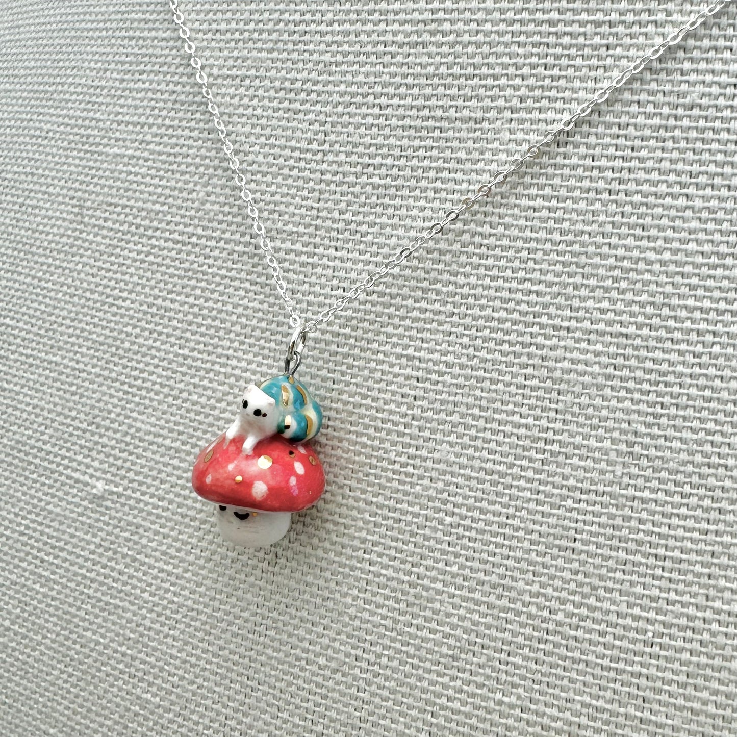 Snail Cat on Mushroom Necklace