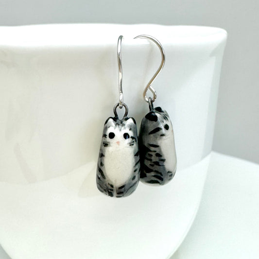 Long Gray Tabby Cat Dangle Earrings