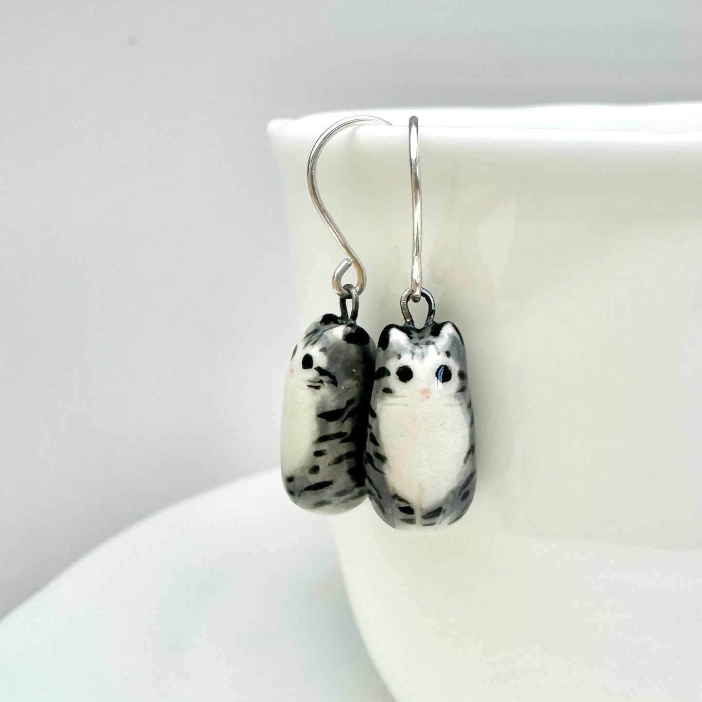Long Gray Tabby Cat Dangle Earrings