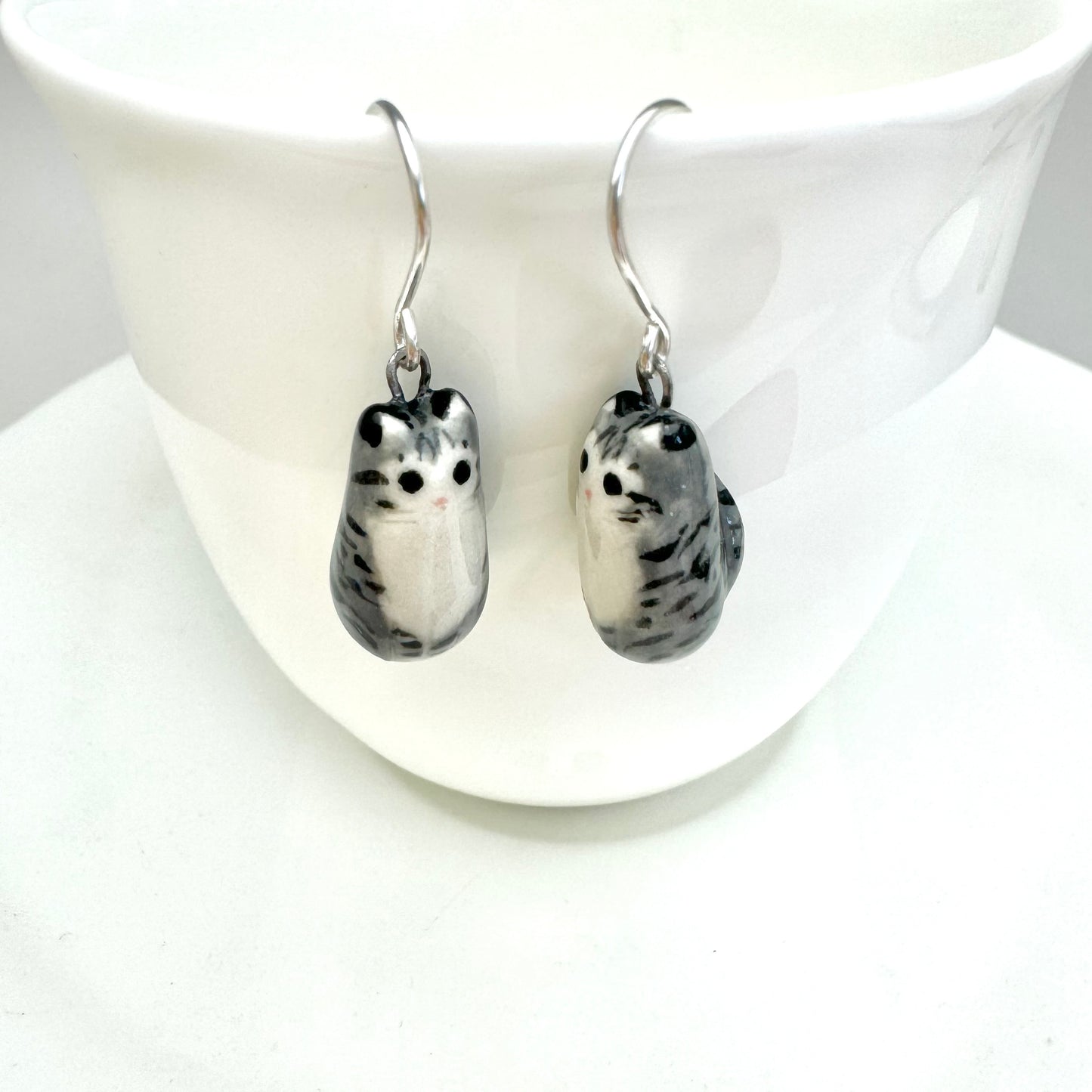 Long Gray Tabby Cat Dangle Earrings