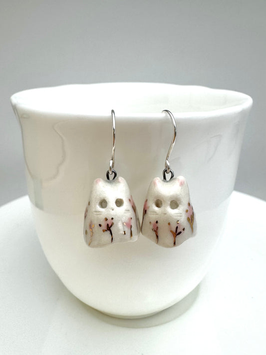 Pink Flower Ghost Cat Earrings