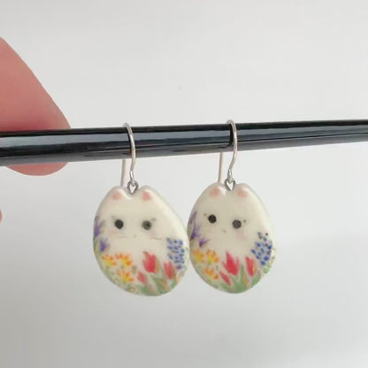 Flat Floral Cat Dangle Earrings