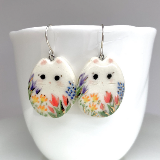 Flat Floral Cat Dangle Earrings