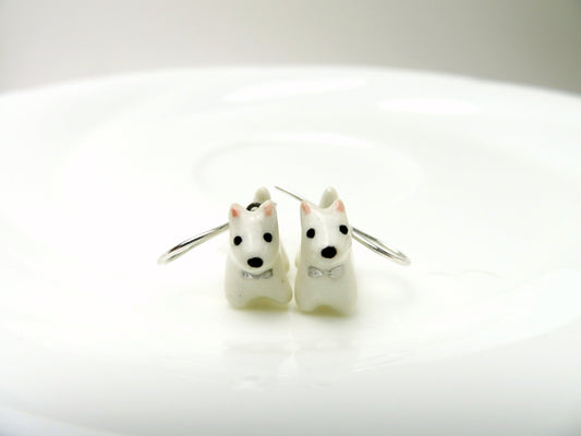 White Terrier Dangle Earrings